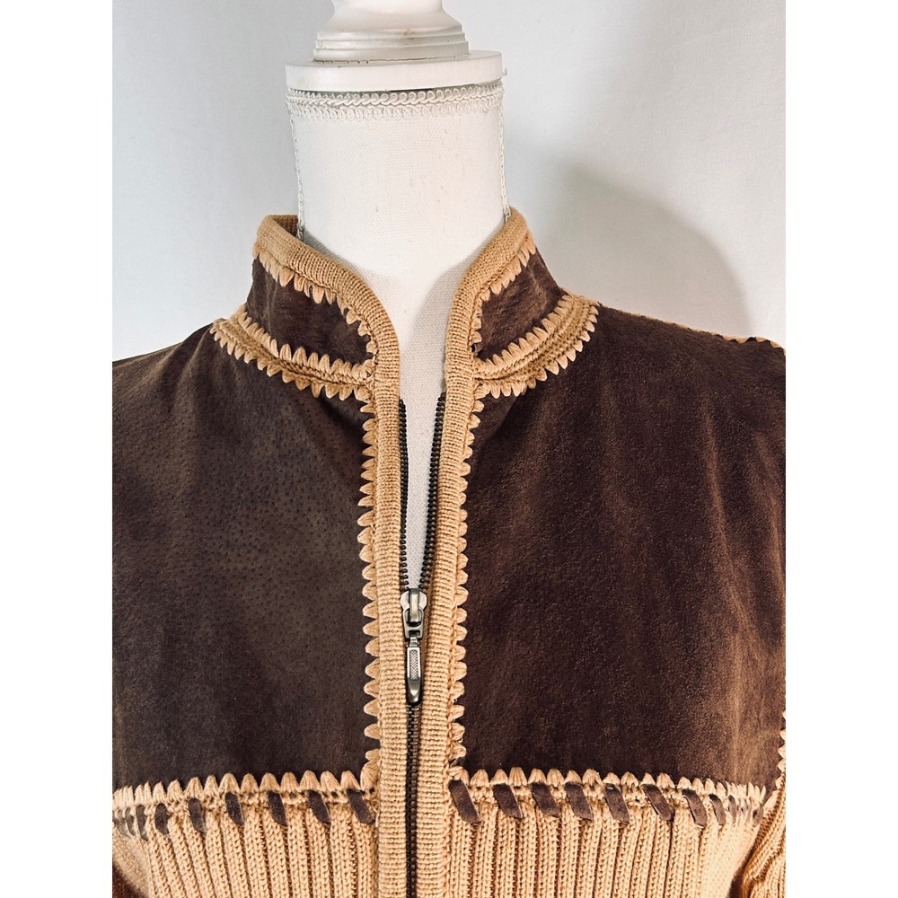 Vintage Lisa Suede Knit Zip Up Cardigan Tan Brown Western Boho Y2K Jacket Large - Picture 3 of 12